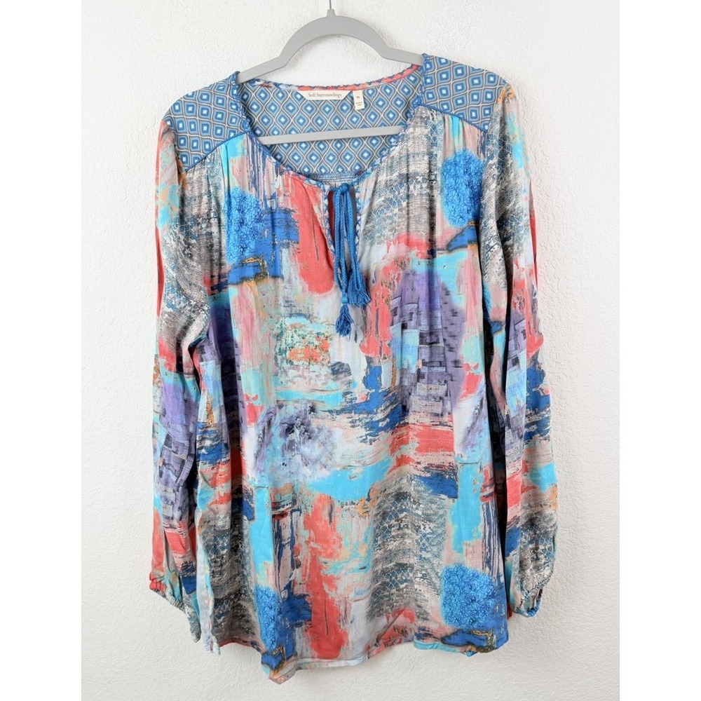Soft Surroundings 100% Modal Abstract Print Peasant Boho‎ Blouse Top XL Artsy